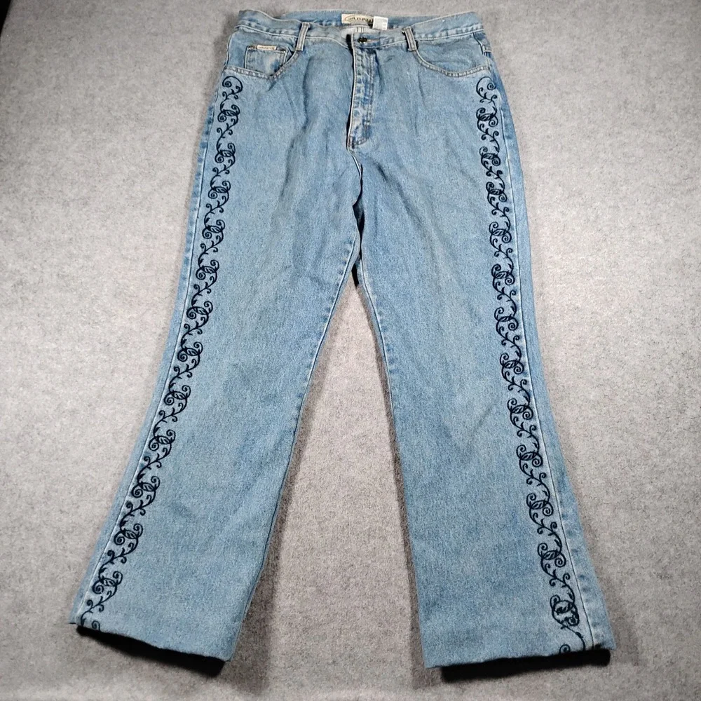Zana Di Embroidered Wide Leg Jeans Women's 16 Blue Denim Vintage 90s Y2K Scroll